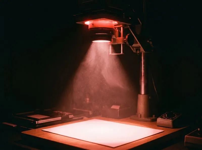 A photographic enlarger projecting light onto a blank sheet of paper in a darkroom