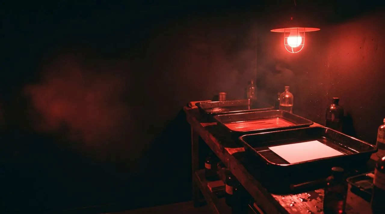 A darkroom bench with developing trays under a red safelight