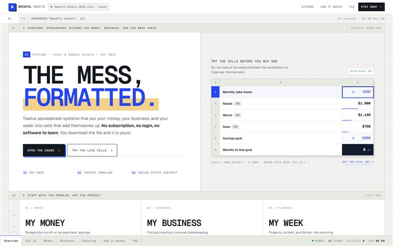 Needful Sheets website homepage