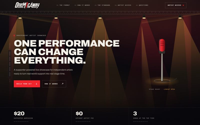 One Mic Away website homepage
