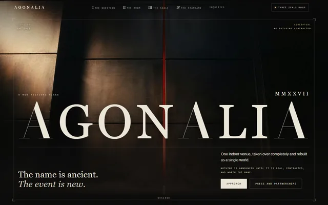 Agonalia website, Indoor music festival arriving in 2027. Desktop capture. Captured 2026-09-08.