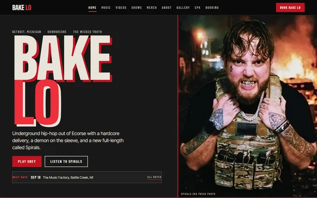 Bake Lo website, Detroit-area horrorcore recording artist. Desktop capture. Captured 2026-09-14.