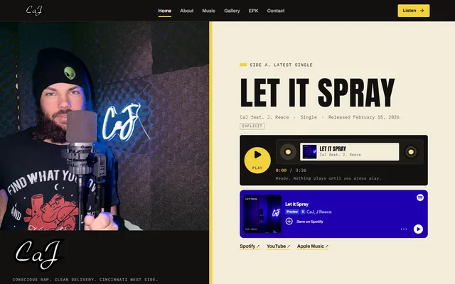 CaJ website, Recording artist, Cincinnati. Desktop capture. Captured 2026-09-14.