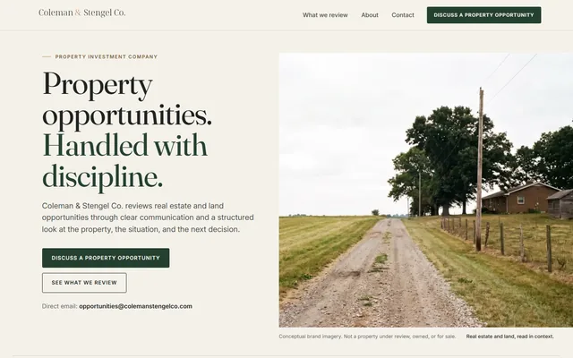 Coleman & Stengel Co. website, Property investment company. Desktop capture. Captured 2026-09-08.