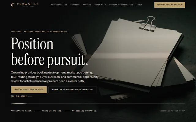 Crownline Artist Group website, Retainer-based artist representation. Desktop capture. Captured 2026-09-08.