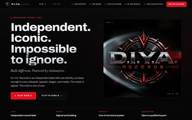D.I.Y.A. Records website, Independent record label and entertainment brand. Desktop capture. Captured 2026-09-08.