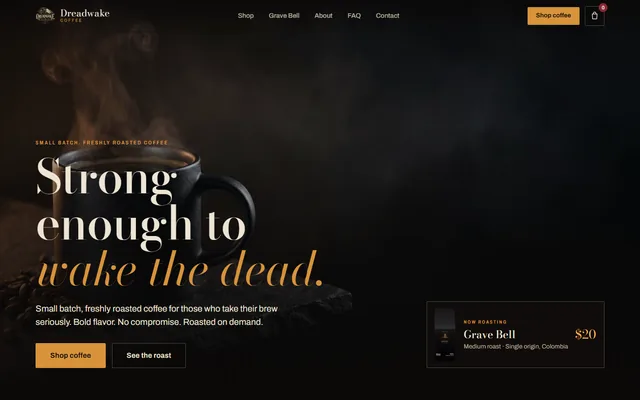 Dreadwake Coffee website, Coffee roaster, roasted to order. Desktop capture. Captured 2026-09-08.