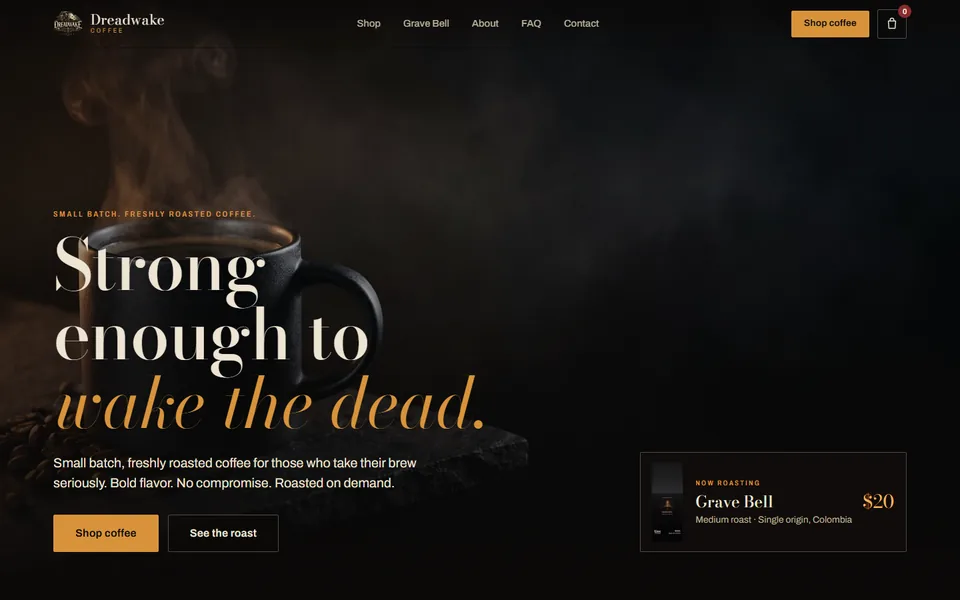 Dreadwake Coffee website, Coffee roaster, roasted to order. Desktop capture. Captured 2026-09-08.