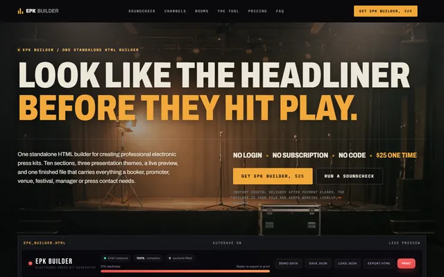 EPK Builder website, Musician press kit builder. Desktop capture. Captured 2026-09-08.