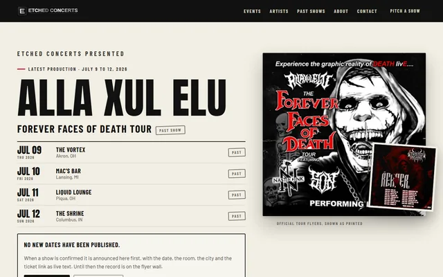Etched Concerts website, Concert promoter and live events. Desktop capture. Captured 2026-09-14.