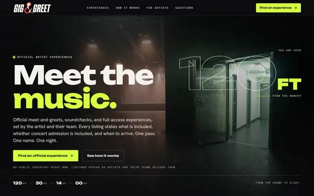 Gig & Greet website, Official artist meet-and-greet experiences. Desktop capture. Captured 2026-09-08.