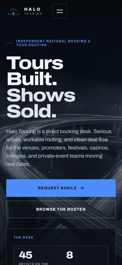 Halo Touring website as it renders on a phone. Captured 2026-09-08.