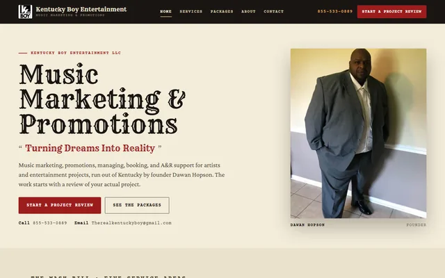 KY Boy Entertainment website, Music marketing, promotions, booking, and A&R. Desktop capture. Captured 2026-09-14.