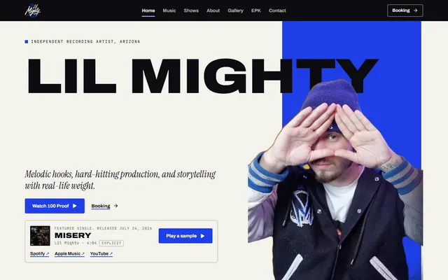 Lil Mighty website, Recording artist and founder of FOK Entertainment. Desktop capture. Captured 2026-09-14.