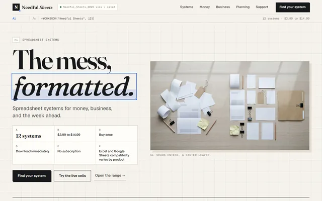 Needful Sheets website, Spreadsheet templates for money, business, and planning. Desktop capture. Captured 2026-09-08.