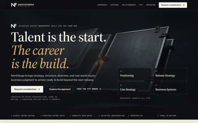 Northforge Management website, Selective artist management. Desktop capture. Captured 2026-09-08.