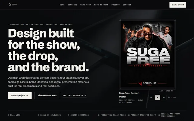 Obsidian Graphics website, Graphic design for artists, promoters, and brands. Desktop capture. Captured 2026-09-08.