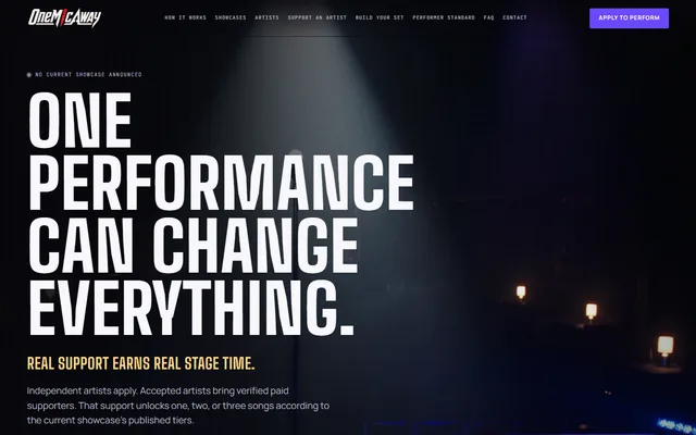 One Mic Away website, Supporter-powered live showcase for independent artists. Desktop capture. Captured 2026-09-08.