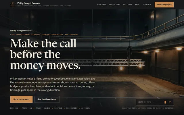 Philip Stengel Presents website, Live entertainment strategy and concert consulting. Desktop capture. Captured 2026-09-08.