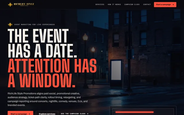 RichLife Style Promotions website, Event marketing for live events. Desktop capture. Captured 2026-09-08.