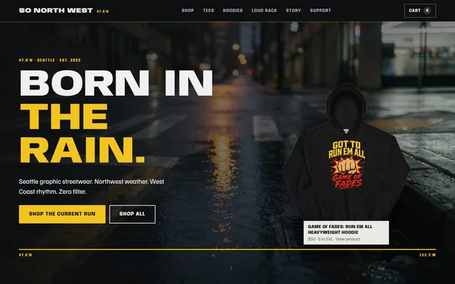 So North West website, Seattle streetwear brand. Desktop capture. Captured 2026-09-08.