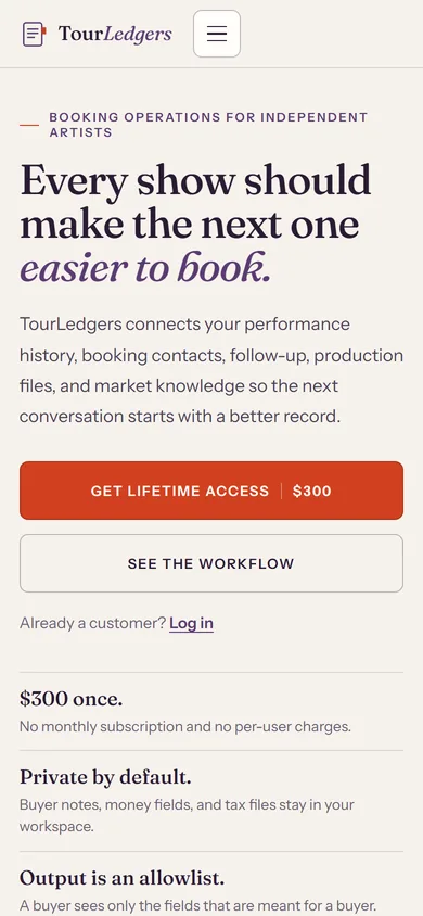 TourLedgers website as it renders on a phone. Captured 2026-09-08.