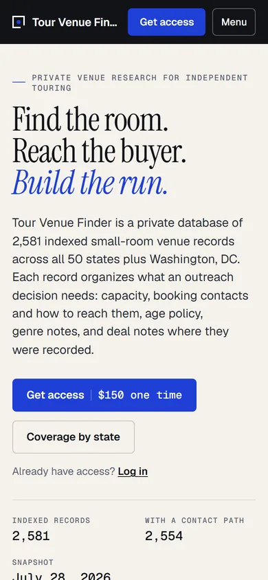 Tour Venue Finder website as it renders on a phone. Captured 2026-09-08.
