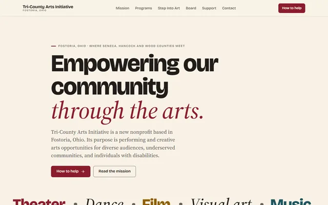 Tri-County Arts Initiative website, Inclusive performing and creative arts nonprofit, Fostoria, Ohio. Desktop capture. Captured 2026-09-14.