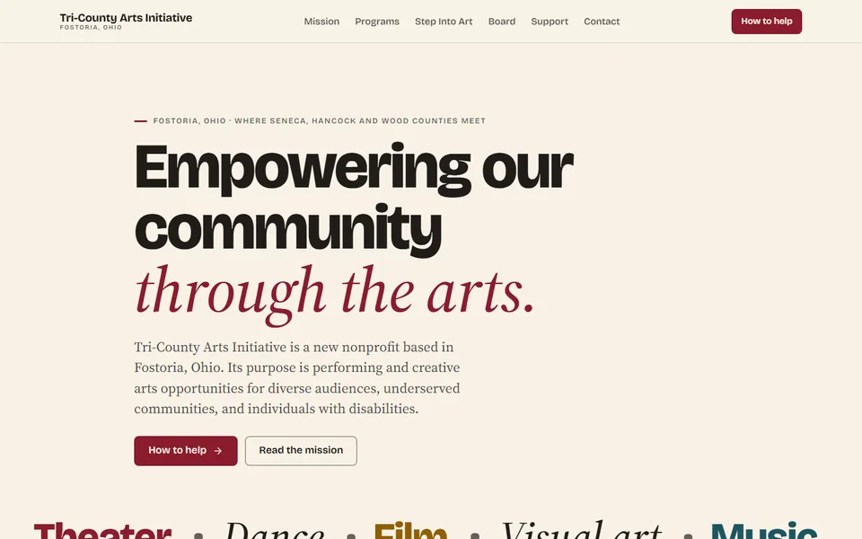 Tri-County Arts Initiative website, Inclusive performing and creative arts nonprofit, Fostoria, Ohio. Desktop capture. Captured 2026-09-14.