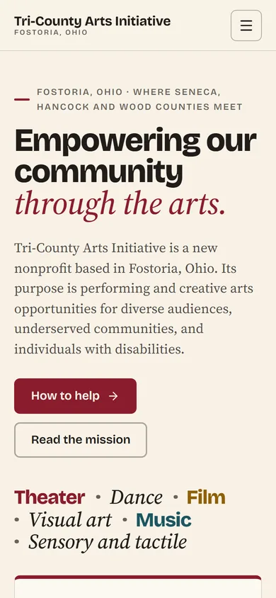 Tri-County Arts Initiative website as it renders on a phone. Captured 2026-09-14.