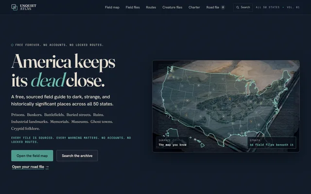 Unquiet Atlas website, Field guide to dark places and cryptid folklore, all fifty states. Desktop capture. Captured 2026-09-08.