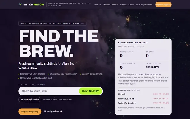 WitchWatch website, Community stock tracker for a hard-to-find energy drink. Desktop capture. Captured 2026-09-08.